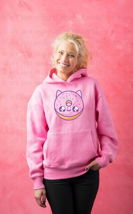 Pink hoodie with kawaii cute donut Anime kitty with sprinkles 