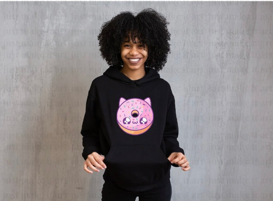 Black hoodie with kawaii cute donut Anime kitty with sprinkles 