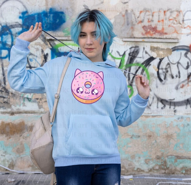 Baby blue hoodie with kawaii cute donut Anime kitty with sprinkles 