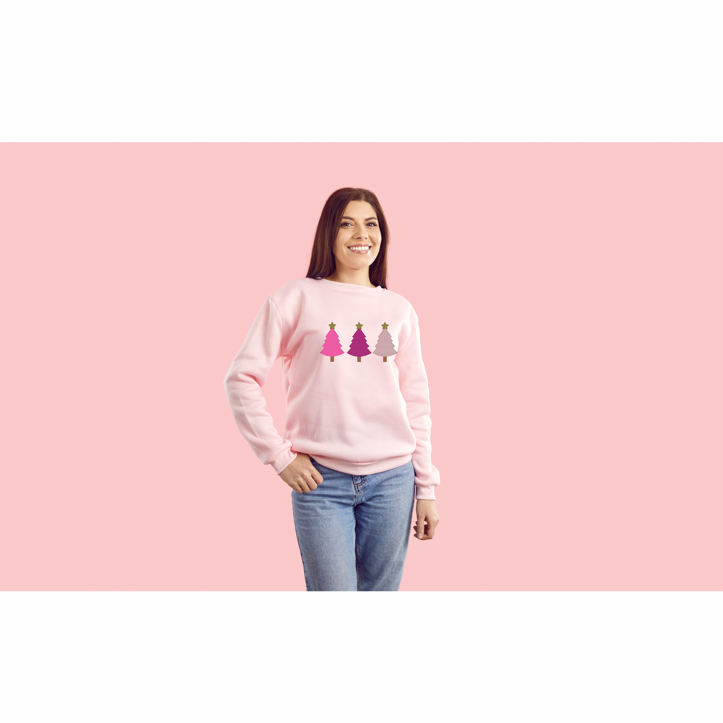 Powder pink sweatshirt with embroidered pink Christmas trees