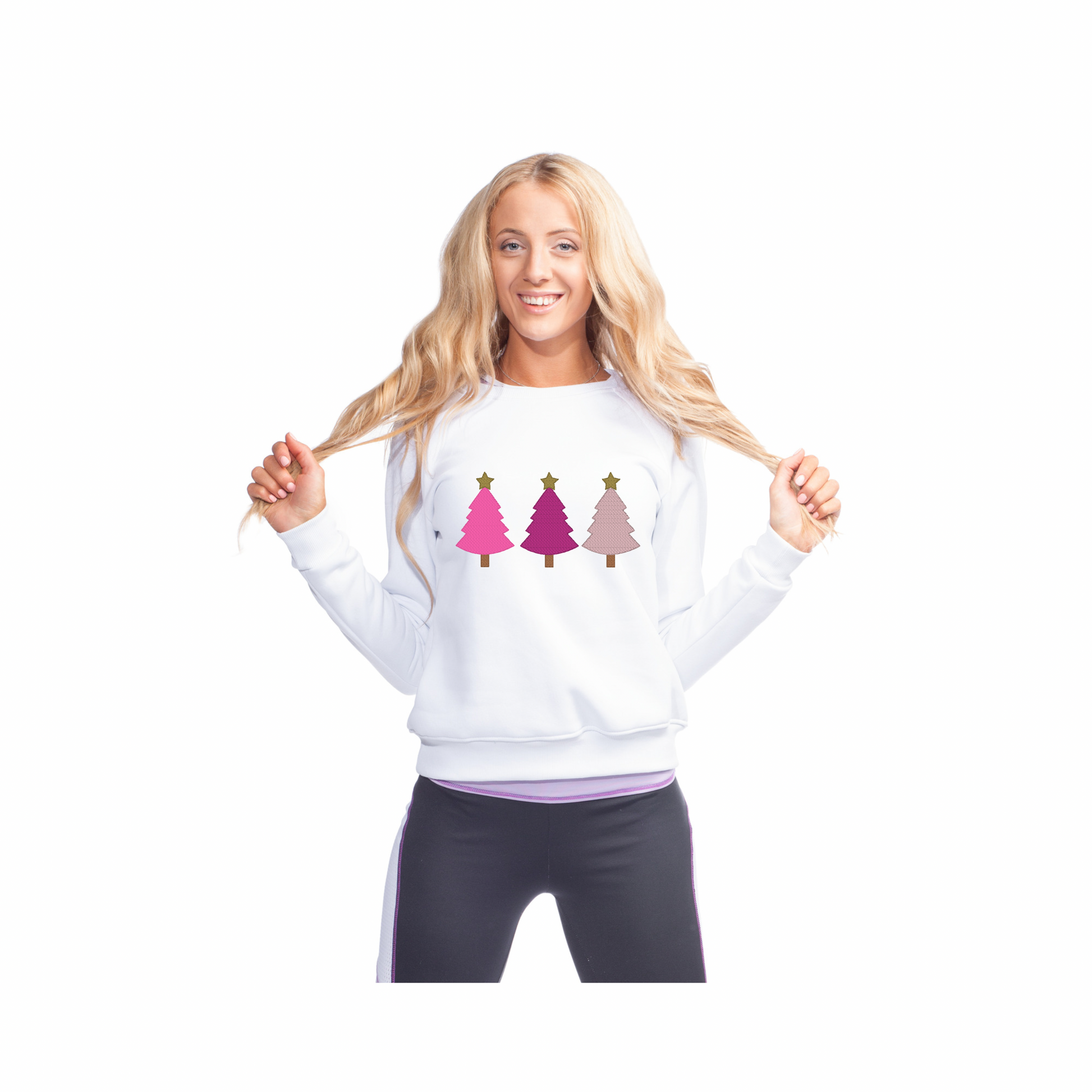 White sweatshirt with embroidered pink Christmas trees